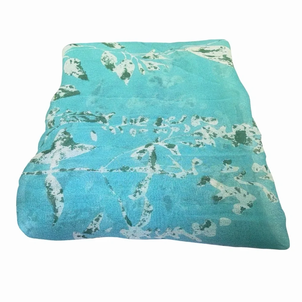 Vintage Silk Chiffon Scarf | Aqua Leaf Print | Oblong Scarf | 31 x 17